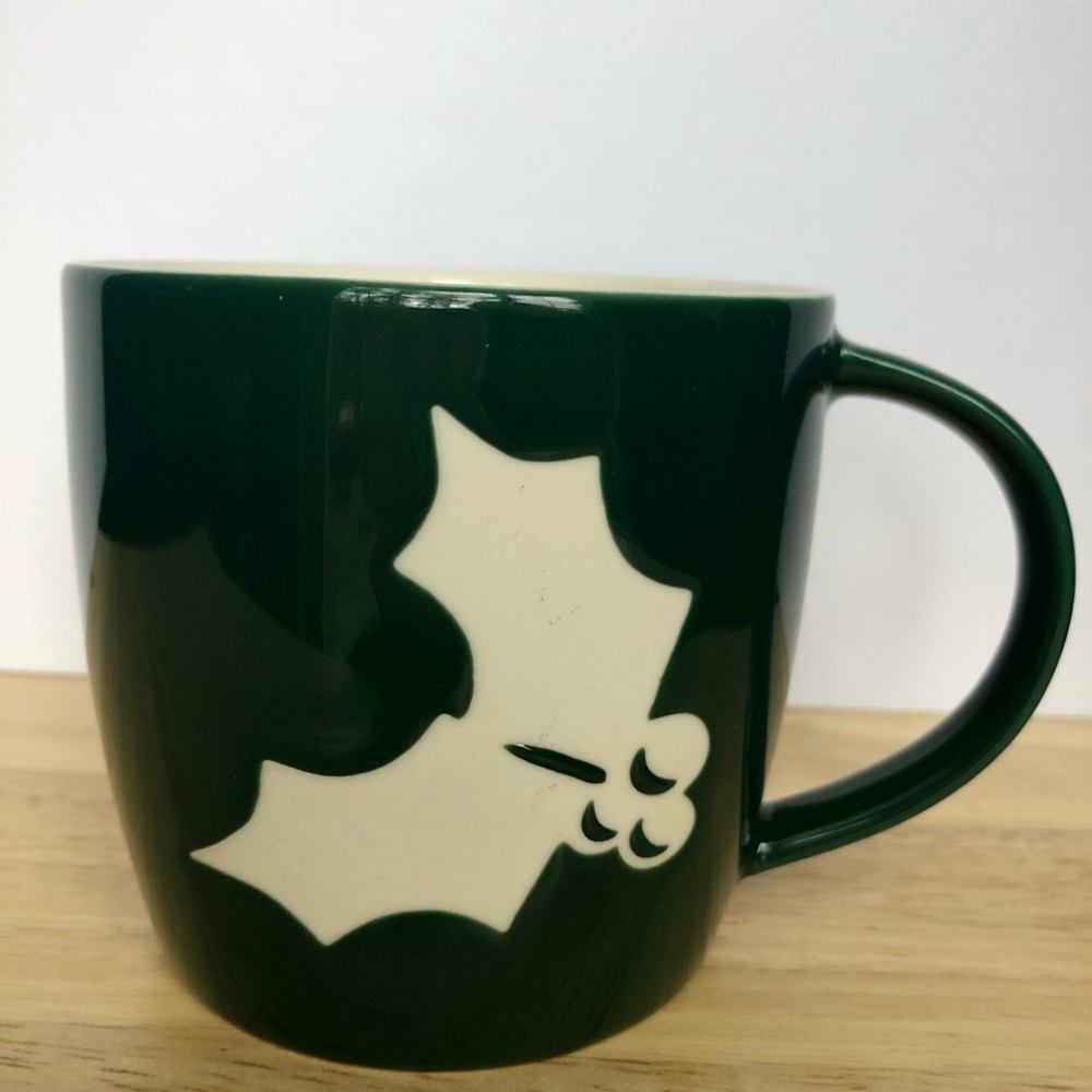 Starbucks Dark Green White Christmas Holly Spellout Logo Holiday Coffee Mug